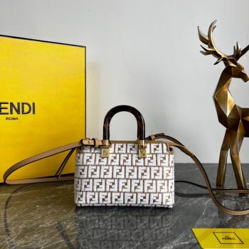 Fendi By The Way Mini Boston Bag in Raffia Straw with white tapestry fabric FF motif 2023 (AF-231115045)