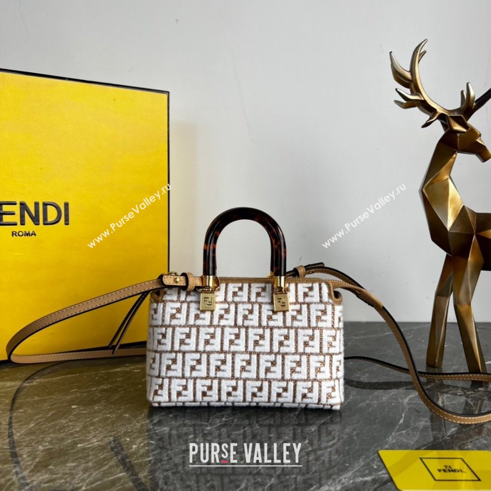 Fendi By The Way Mini Boston Bag in Raffia Straw with white tapestry fabric FF motif 2023 (AF-231115045)