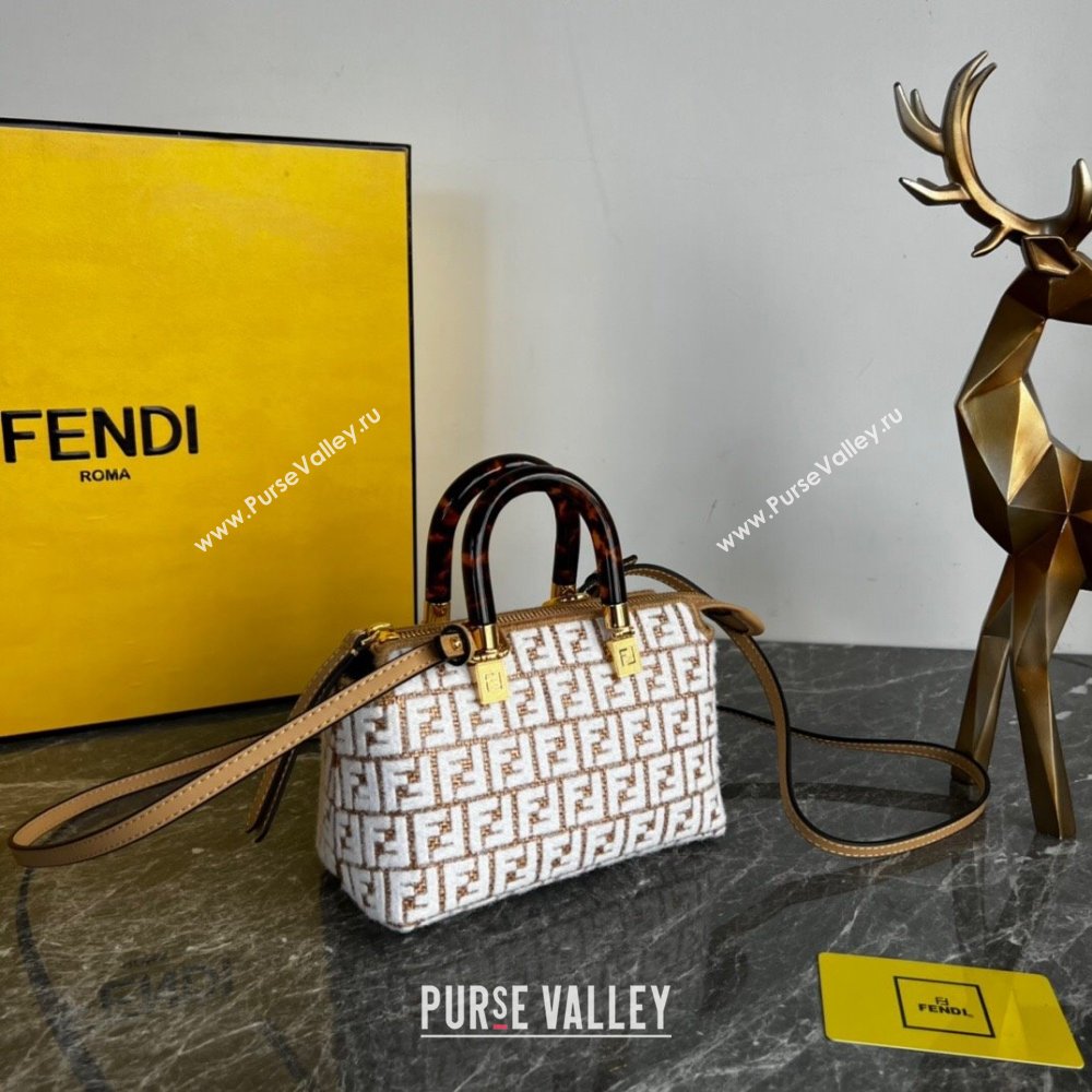 Fendi By The Way Mini Boston Bag in Raffia Straw with white tapestry fabric FF motif 2023 (AF-231115045)