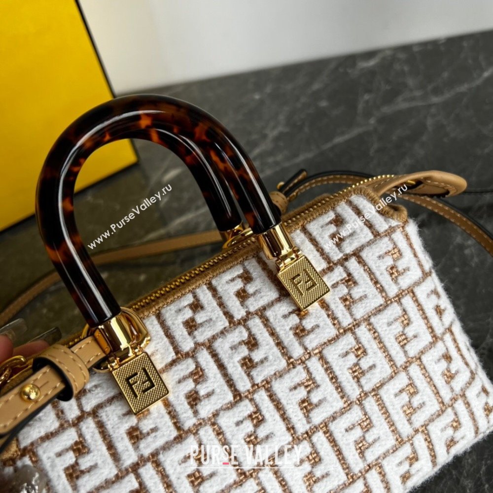 Fendi By The Way Mini Boston Bag in Raffia Straw with white tapestry fabric FF motif 2023 (AF-231115045)