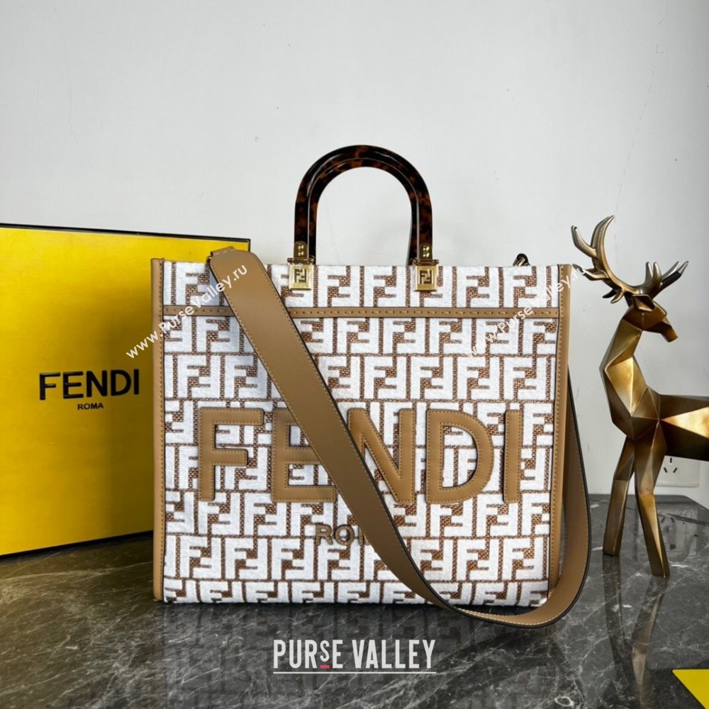 Fendi Sunshine Medium Tote Bag in Raffia Straw with white tapestry fabric FF motif 2023 (AF-231115046)