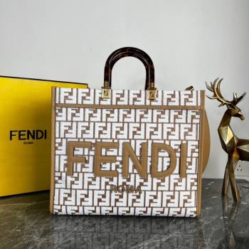 Fendi Sunshine Medium Tote Bag in Raffia Straw with white tapestry fabric FF motif 2023 (AF-231115046)