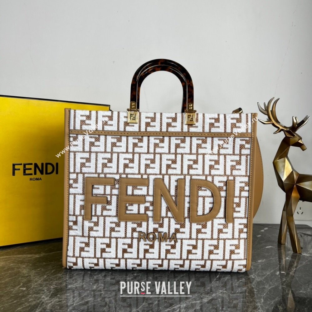 Fendi Sunshine Medium Tote Bag in Raffia Straw with white tapestry fabric FF motif 2023 (AF-231115046)