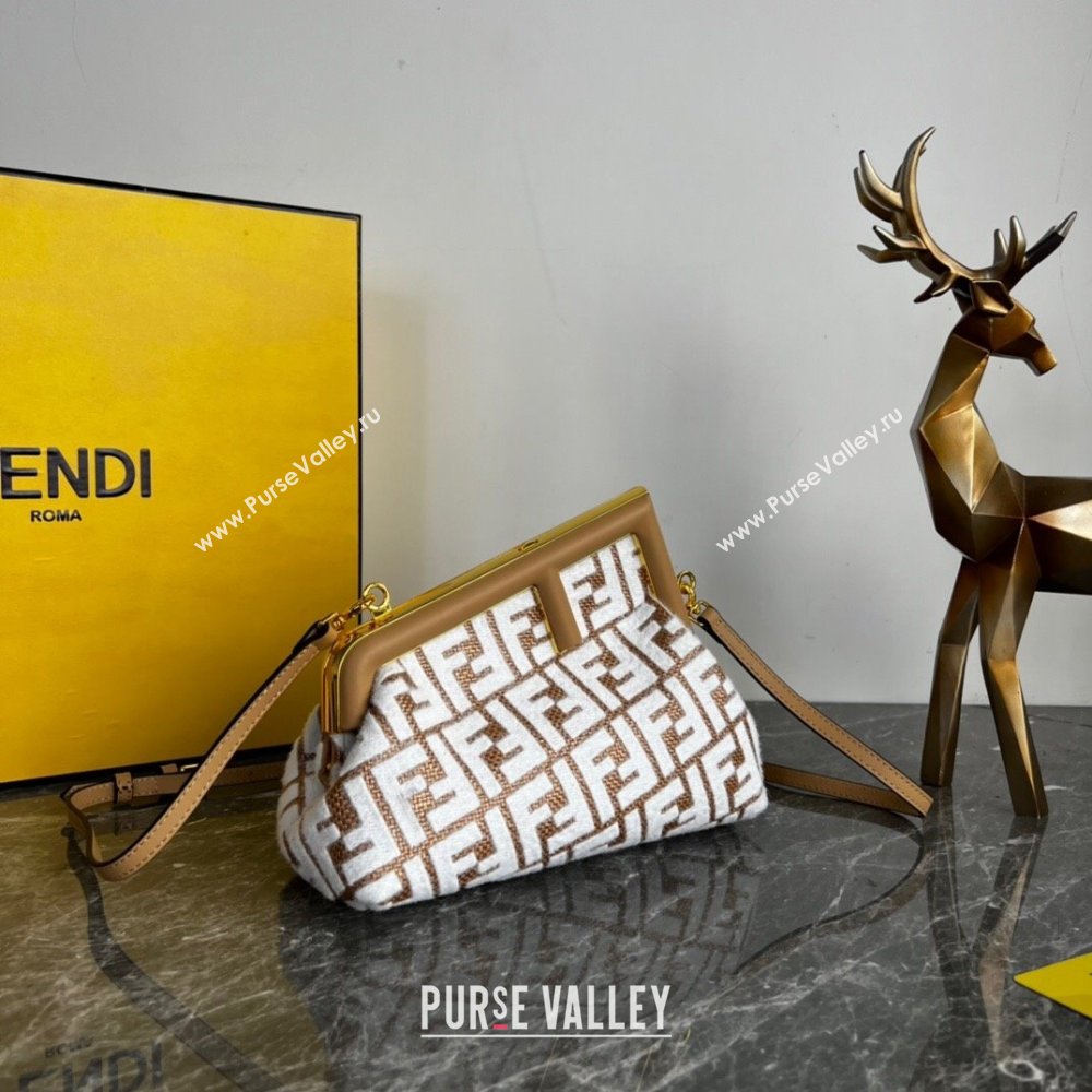 Fendi First Small Bag in Raffia Straw with white tapestry fabric FF motif 2023 (AF-231115043)