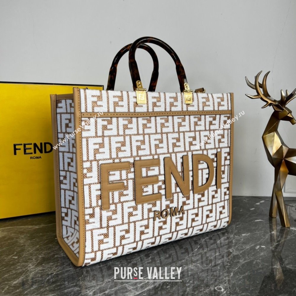 Fendi Sunshine Medium Tote Bag in Raffia Straw with white tapestry fabric FF motif 2023 (AF-231115046)