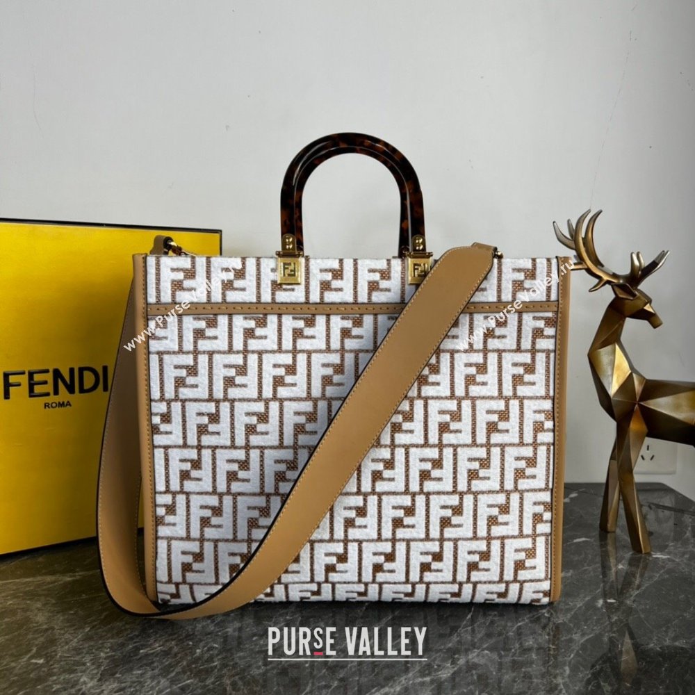 Fendi Sunshine Medium Tote Bag in Raffia Straw with white tapestry fabric FF motif 2023 (AF-231115046)