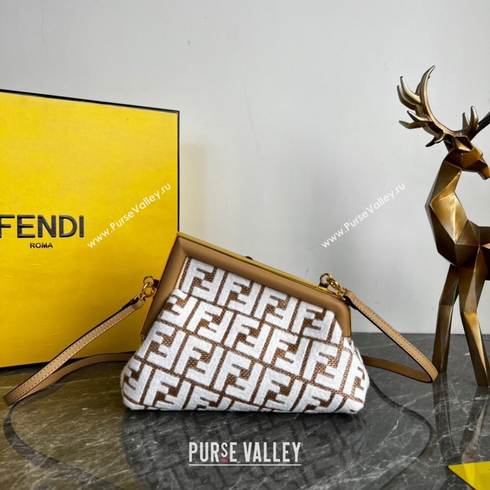 Fendi First Small Bag in Raffia Straw with white tapestry fabric FF motif 2023 (AF-231115043)