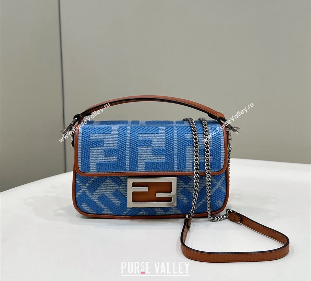 Fendi Baguette Mini Bag in Light blue denim with FF embroidery 2024 0159BS (CL-240219105)