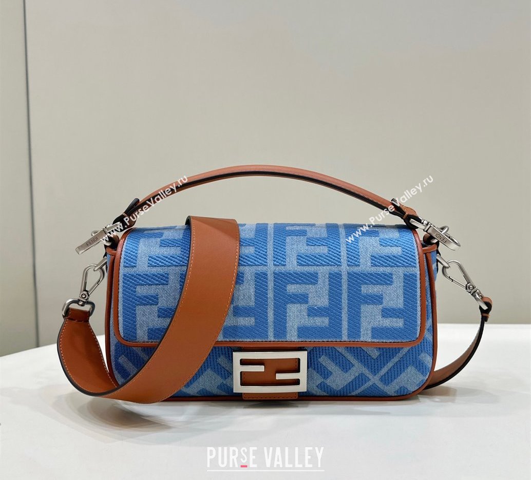 Fendi Baguette Medium Bag in Light Blue Denim with FF embroidery 2023 (CL-240219106)