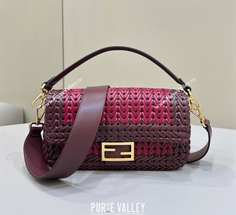 Fendi Baguette Medium Bag in Braided Leather Burgundy 2024 8630 (CL-240219089)