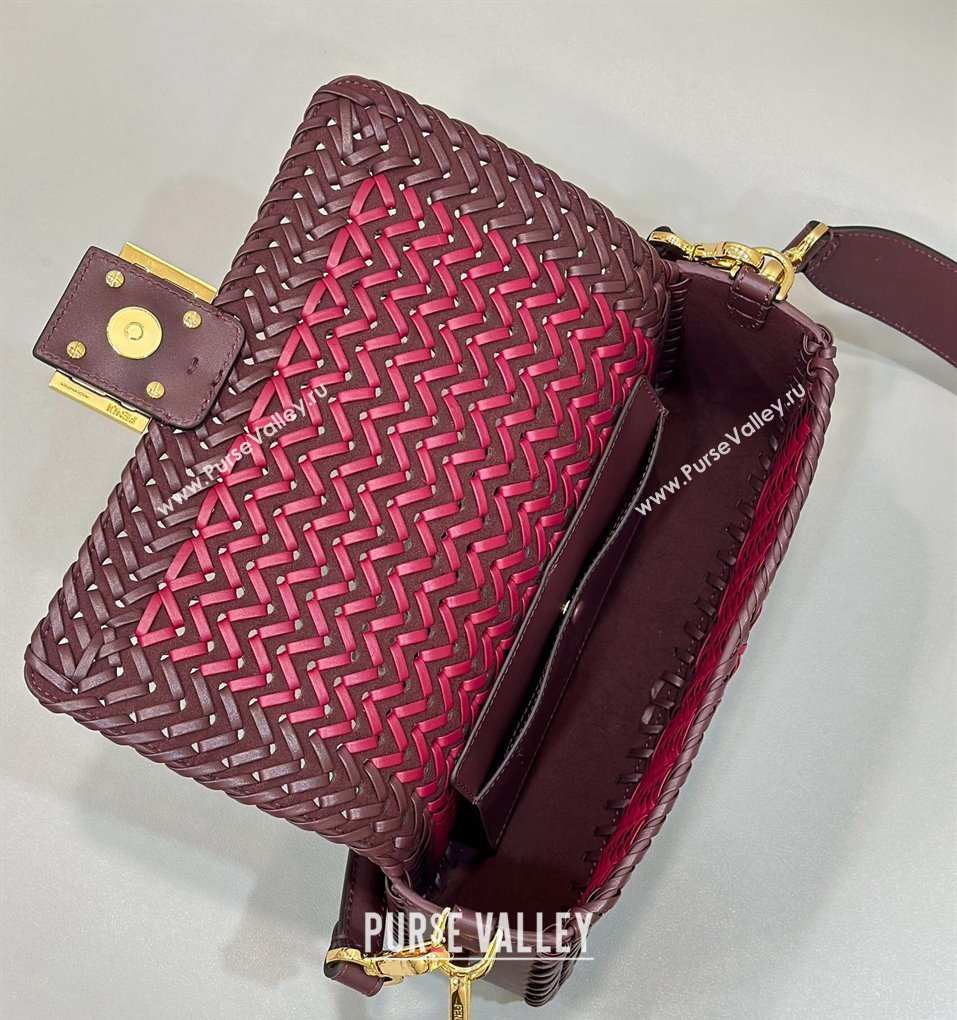 Fendi Baguette Medium Bag in Braided Leather Burgundy 2024 8630 (CL-240219089)