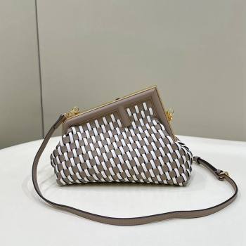 Fendi First Small Bag in Interlaced Leather Dove Grey/White 2024 80103A (CL-240220005)