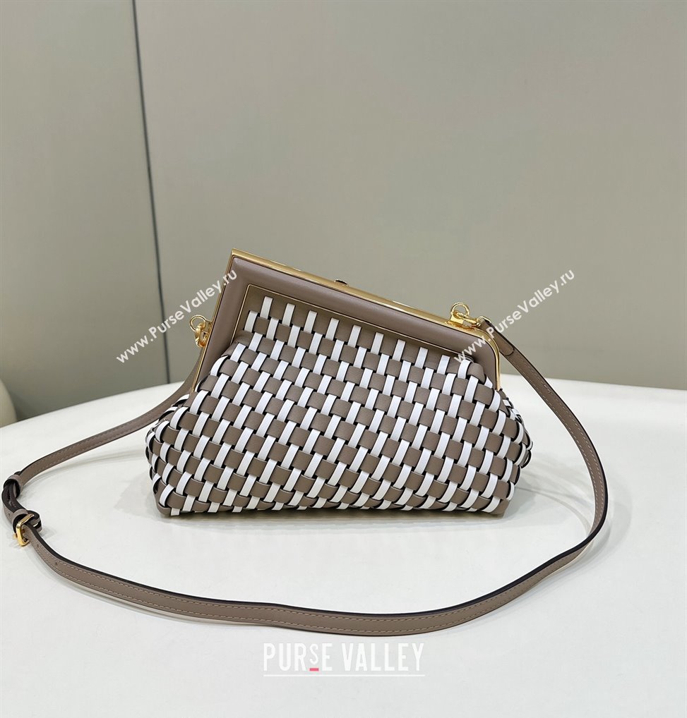 Fendi First Small Bag in Interlaced Leather Dove Grey/White 2024 80103A (CL-240220005)