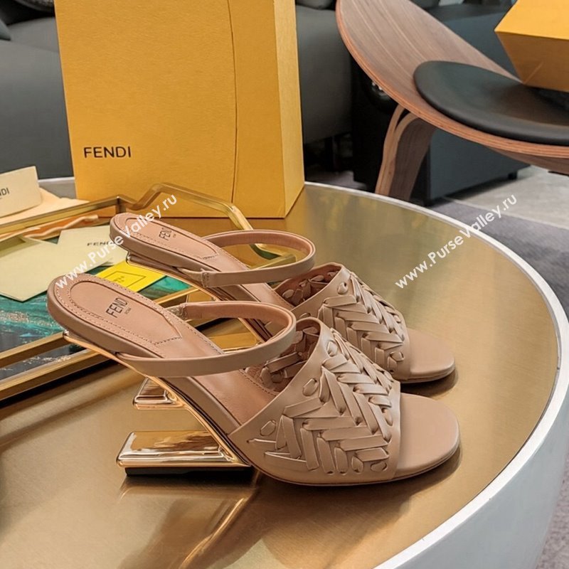 Fendi Colibrì High Heel Slide Sandals 9cm in Interlaced Leather Beige 2024 (MD-240326053)