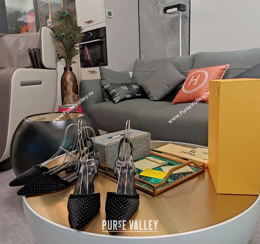 Fendi Colibrì Lite High Heel Slingback Pumps 7.5cm/Flat in Studde Velvet Black 2024 (MD-240326059)