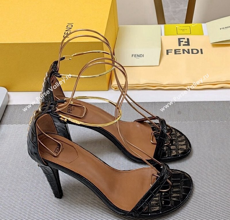 Fendi Filo high-heeled sandals 8.5cm in stone-Embossed Leather Black 2024 (MD-240326034)