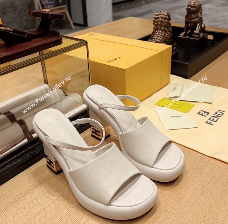 Fendi Baguette Heel Slide Sandals 9cm in Nappa Leather Cream White 2024 0326 (MD-240326065)