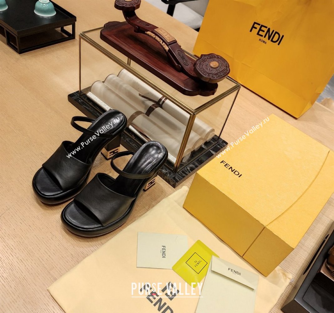 Fendi Baguette Heel Slide Sandals 9cm in Nappa Leather Black 2024 0326 (MD-240326067)