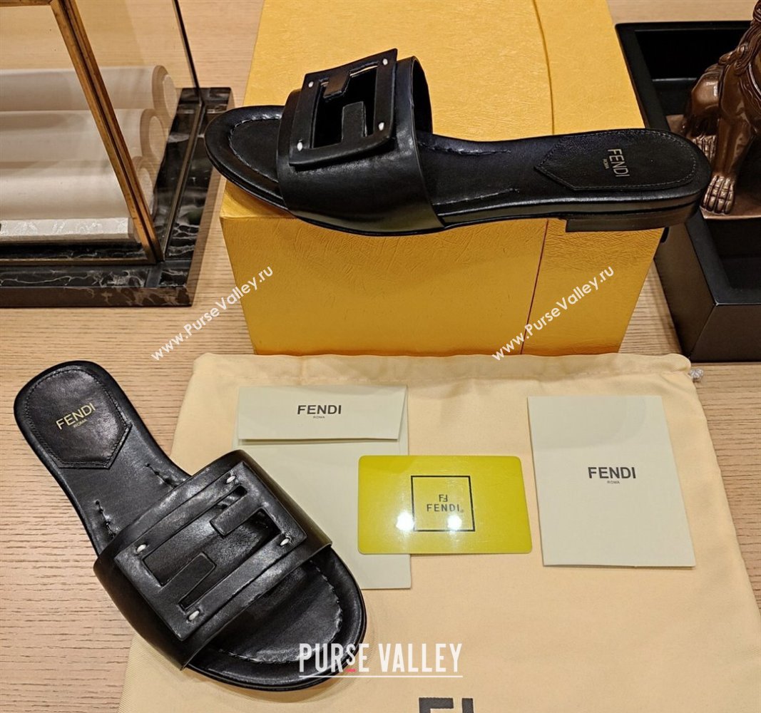 Fendi Baguette Flat Slide Sandals in Lambskin Black 2024 0326 (MD-240326078)