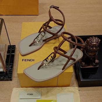 Fendi Baguette Flat Thong Sandals in Calfskin with Ankle Strap Brown 2024 0326 (MD-240326082)