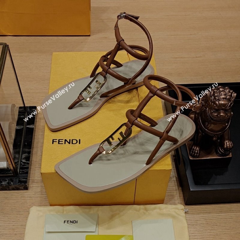 Fendi Baguette Flat Thong Sandals in Calfskin with Ankle Strap Brown 2024 0326 (MD-240326082)