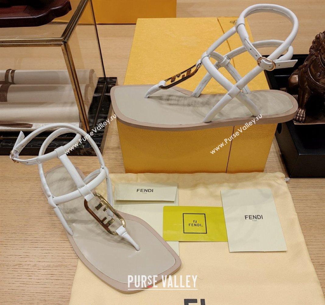 Fendi Baguette Flat Thong Sandals in Calfskin with Ankle Strap White 2024 0326 (MD-240326083)