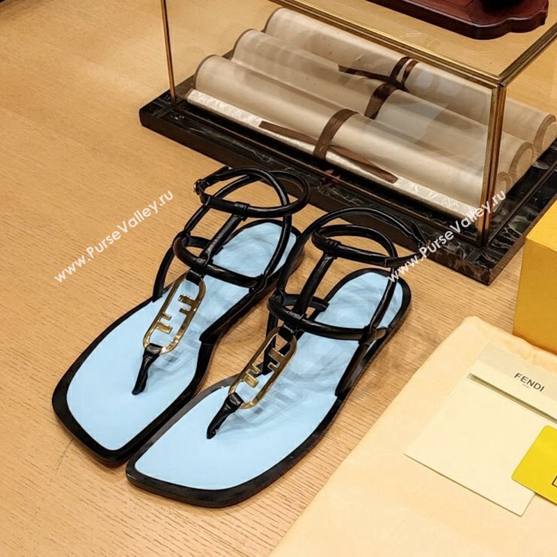 Fendi Baguette Flat Thong Sandals in Calfskin with Ankle Strap Black 2024 0326 (MD-240326084)