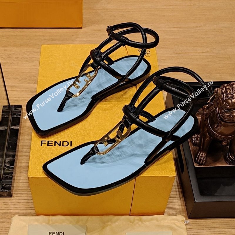 Fendi Baguette Flat Thong Sandals in Calfskin with Ankle Strap Black 2024 0326 (MD-240326084)