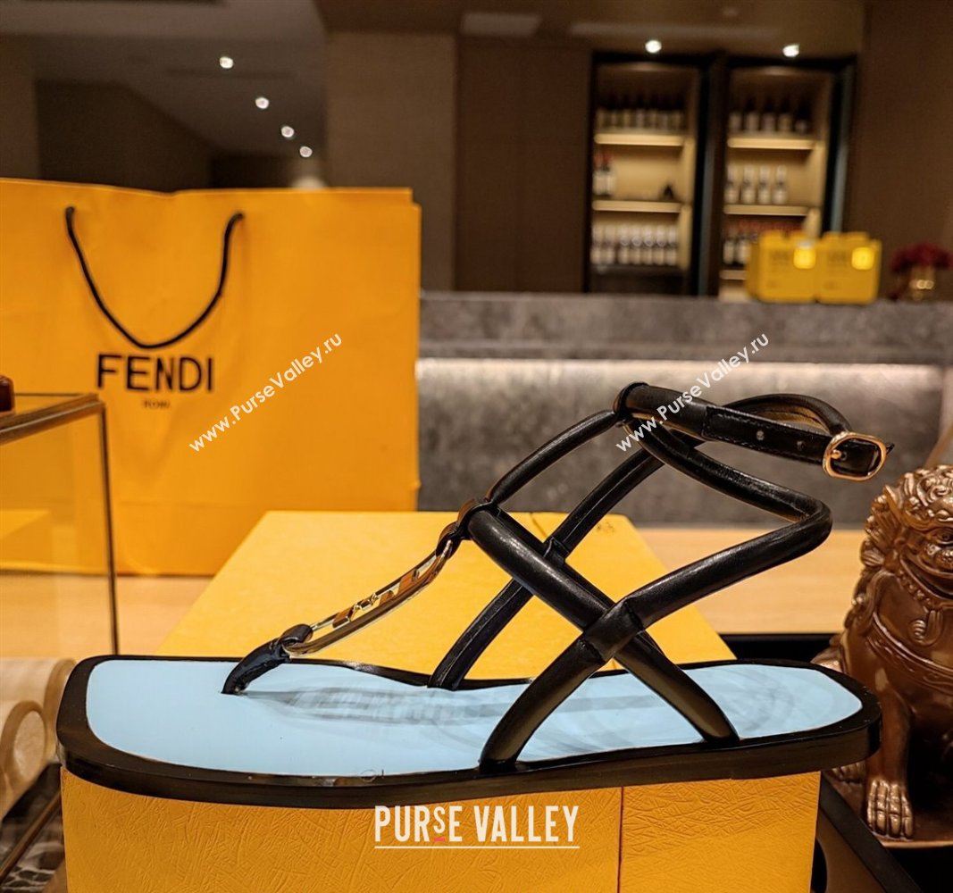 Fendi Baguette Flat Thong Sandals in Calfskin with Ankle Strap Black 2024 0326 (MD-240326084)