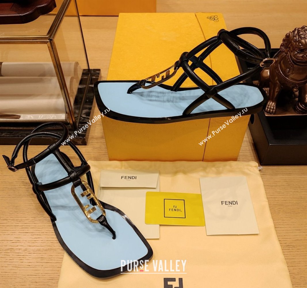 Fendi Baguette Flat Thong Sandals in Calfskin with Ankle Strap Black 2024 0326 (MD-240326084)