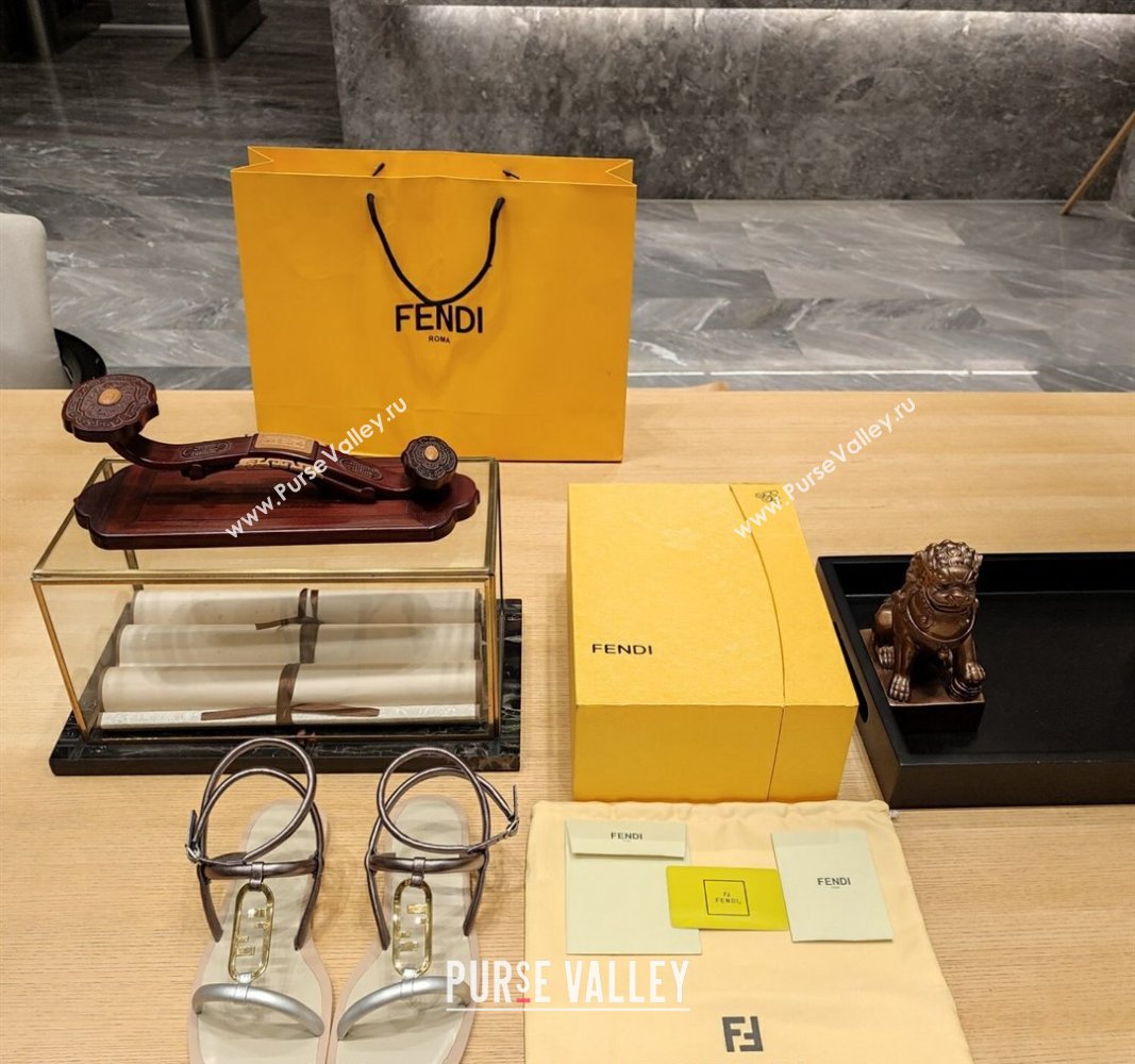 Fendi Baguette Flat Sandals in Calfskin Leather with Ankle Strap Gold/Silver 2024 0326 (MD-240326085)