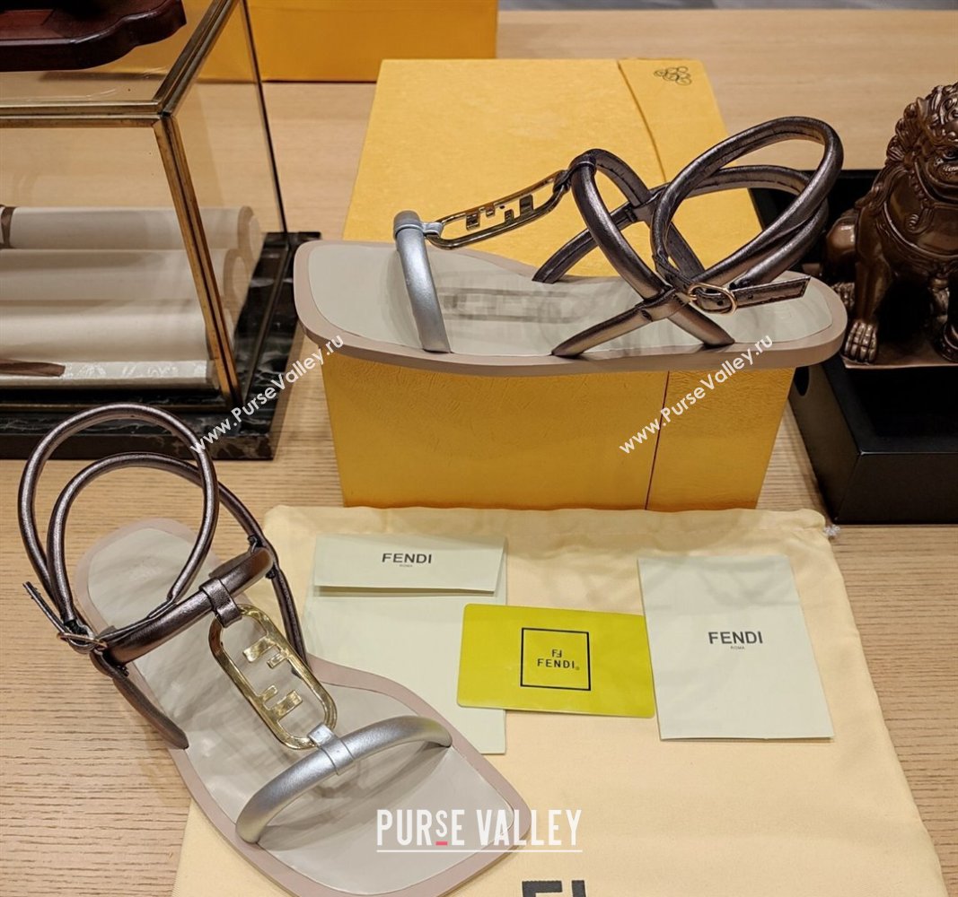 Fendi Baguette Flat Sandals in Calfskin Leather with Ankle Strap Gold/Silver 2024 0326 (MD-240326085)