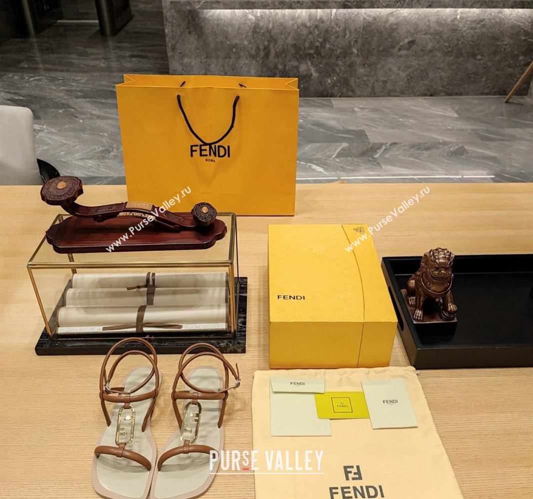 Fendi Baguette Flat Sandals in Calfskin Leather with Ankle Strap Brown 2024 0326 (MD-240326086)