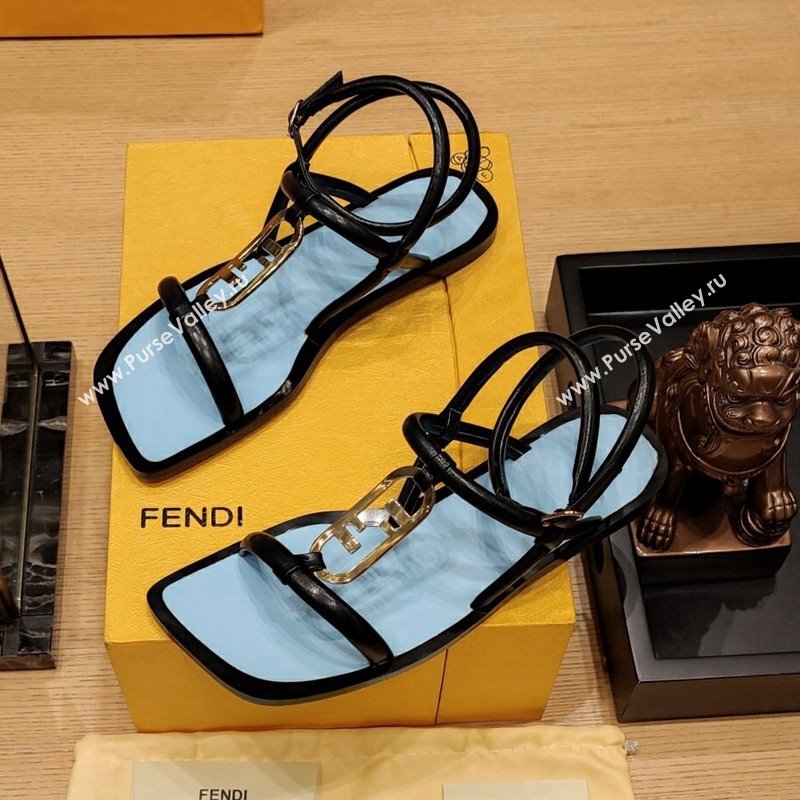 Fendi Baguette Flat Sandals in Calfskin Leather with Ankle Strap Black 2024 0326 (MD-240326089)