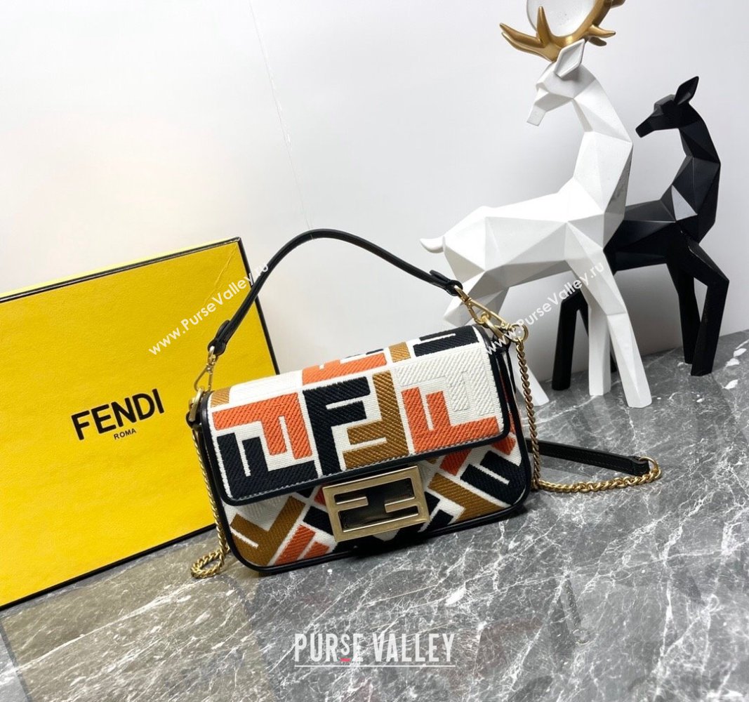 Fendi Baguette Mini Bag in Multicolor Canvas bag with FF Embroidery Orange 2024 0523 (AF-240523101)