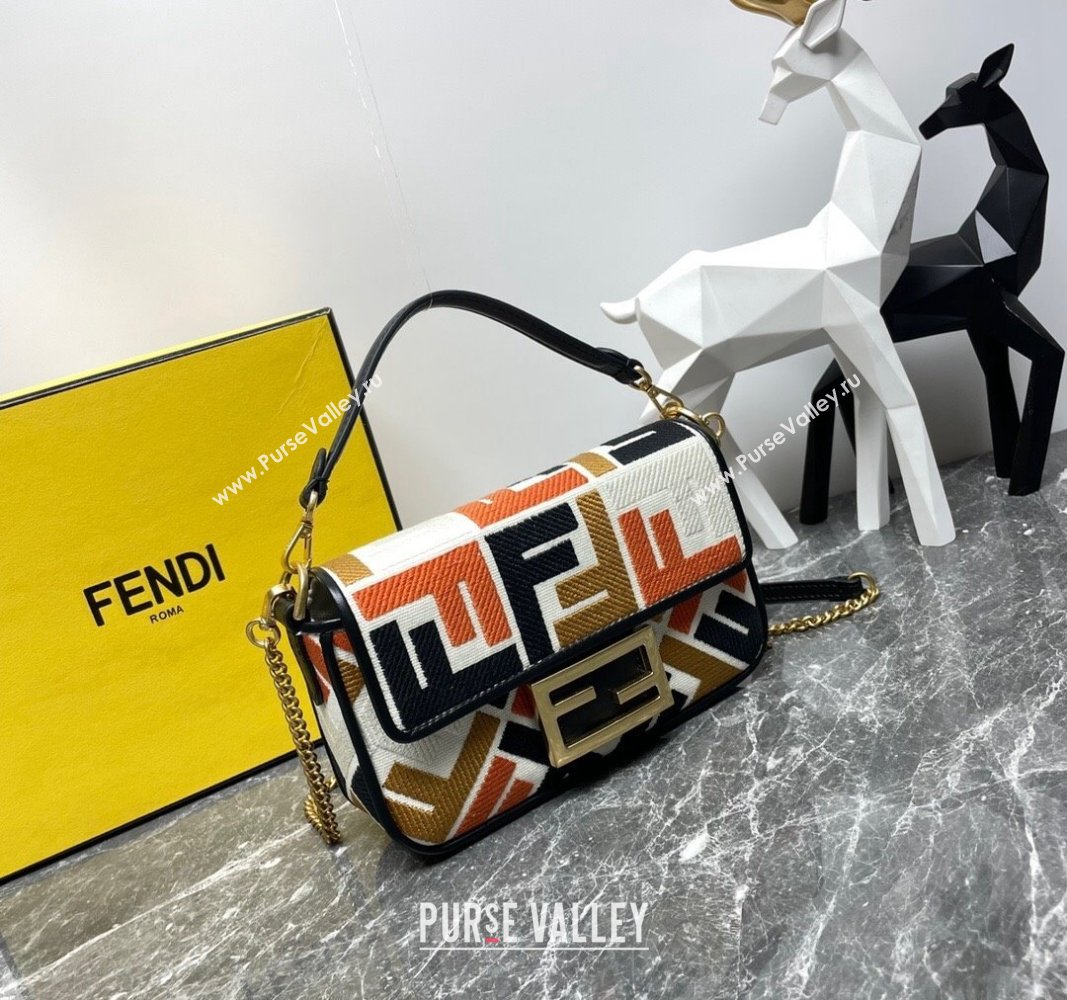 Fendi Baguette Mini Bag in Multicolor Canvas bag with FF Embroidery Orange 2024 0523 (AF-240523101)