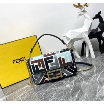 Fendi Baguette Mini Bag in Multicolor Canvas bag with FF Embroidery Blue 2024 0523 (AF-240523102)