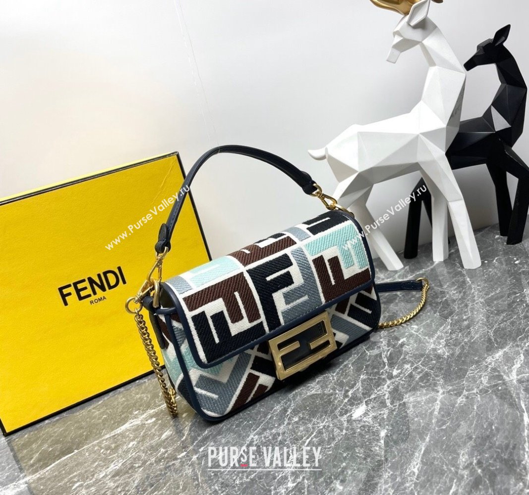 Fendi Baguette Mini Bag in Multicolor Canvas bag with FF Embroidery Blue 2024 0523 (AF-240523102)