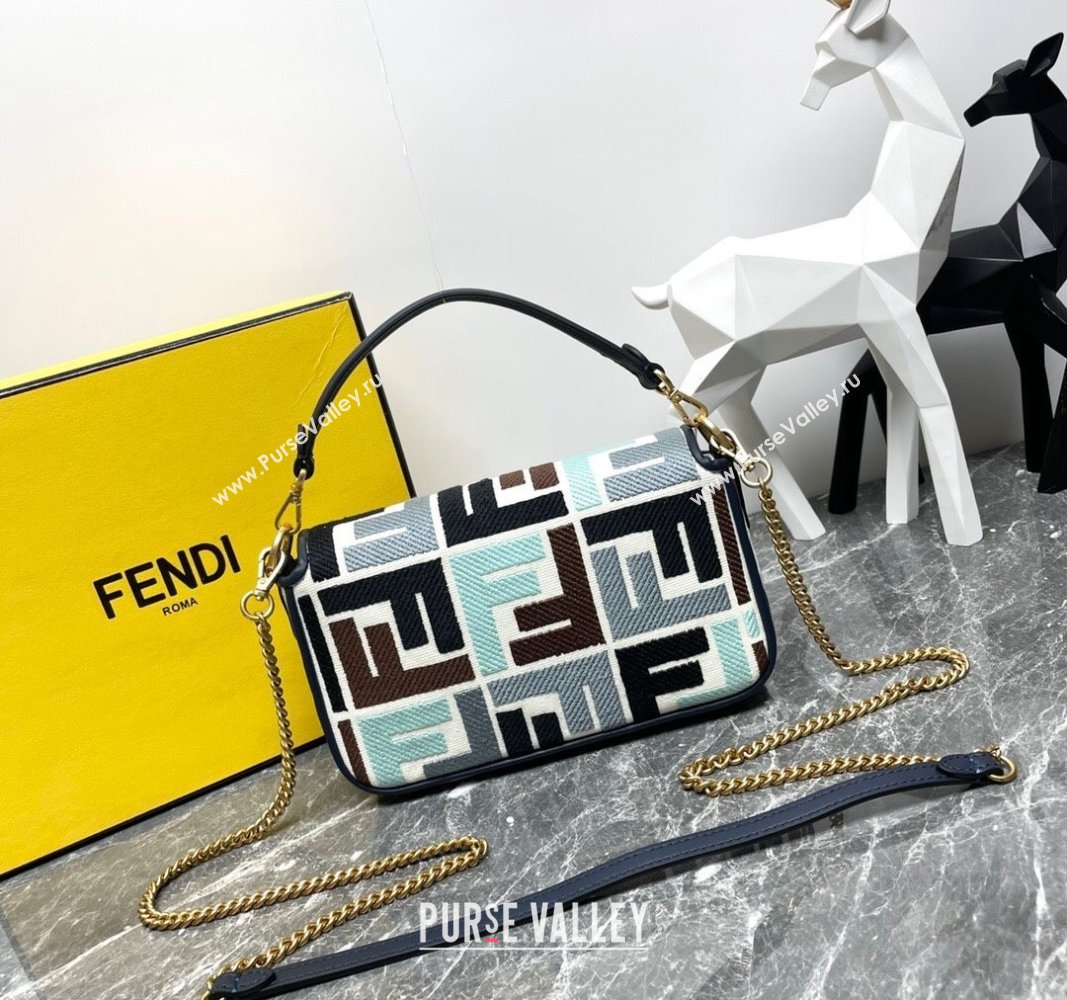 Fendi Baguette Mini Bag in Multicolor Canvas bag with FF Embroidery Blue 2024 0523 (AF-240523102)