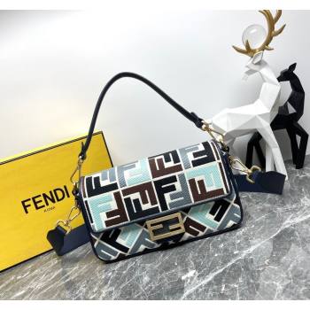 Fendi Baguette Medium Bag in Multicolor Canvas bag with FF Embroidery Blue 2024 0523 (AF-240523103)