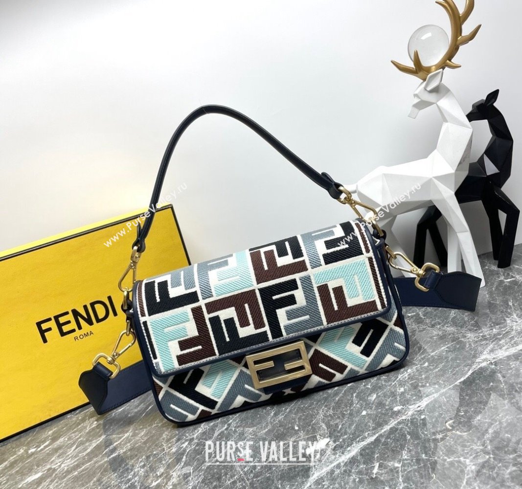 Fendi Baguette Medium Bag in Multicolor Canvas bag with FF Embroidery Blue 2024 0523 (AF-240523103)