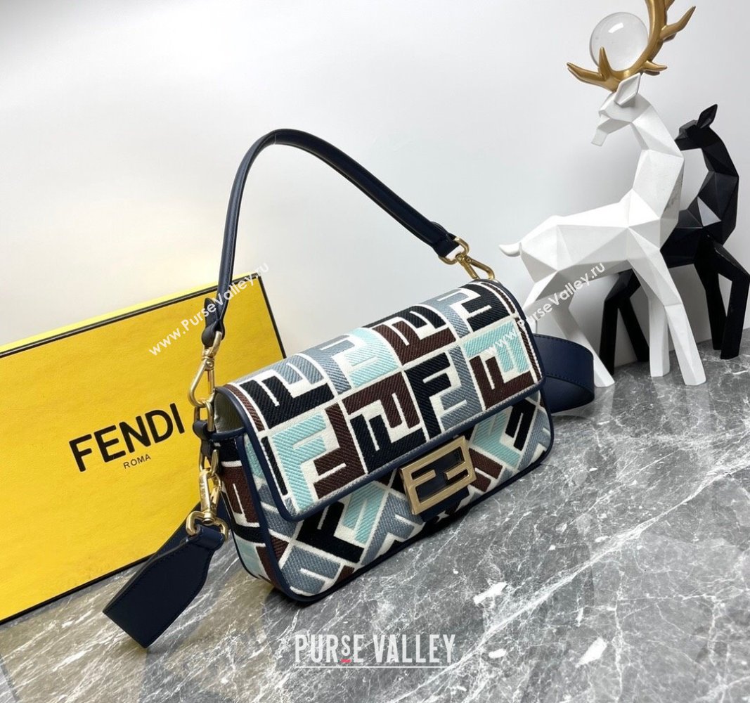 Fendi Baguette Medium Bag in Multicolor Canvas bag with FF Embroidery Blue 2024 0523 (AF-240523103)