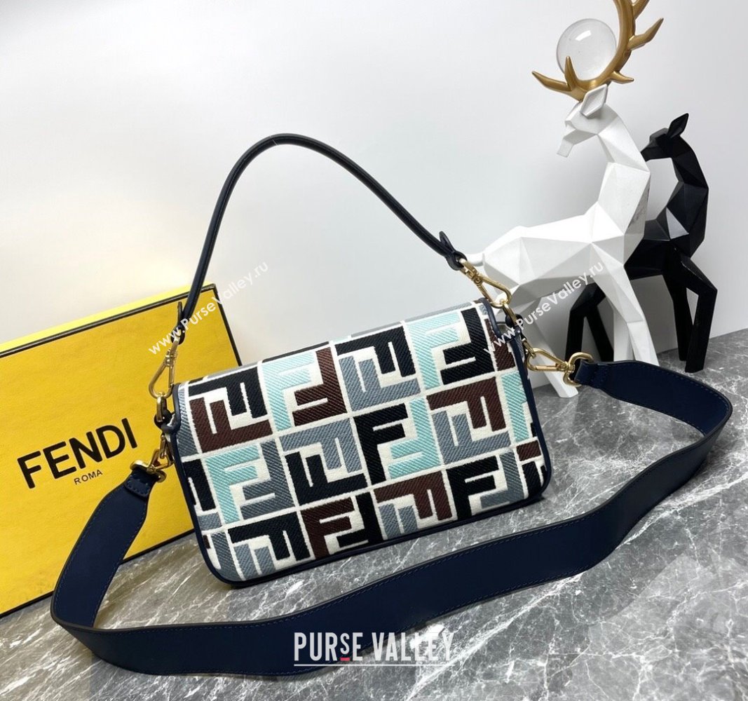 Fendi Baguette Medium Bag in Multicolor Canvas bag with FF Embroidery Blue 2024 0523 (AF-240523103)