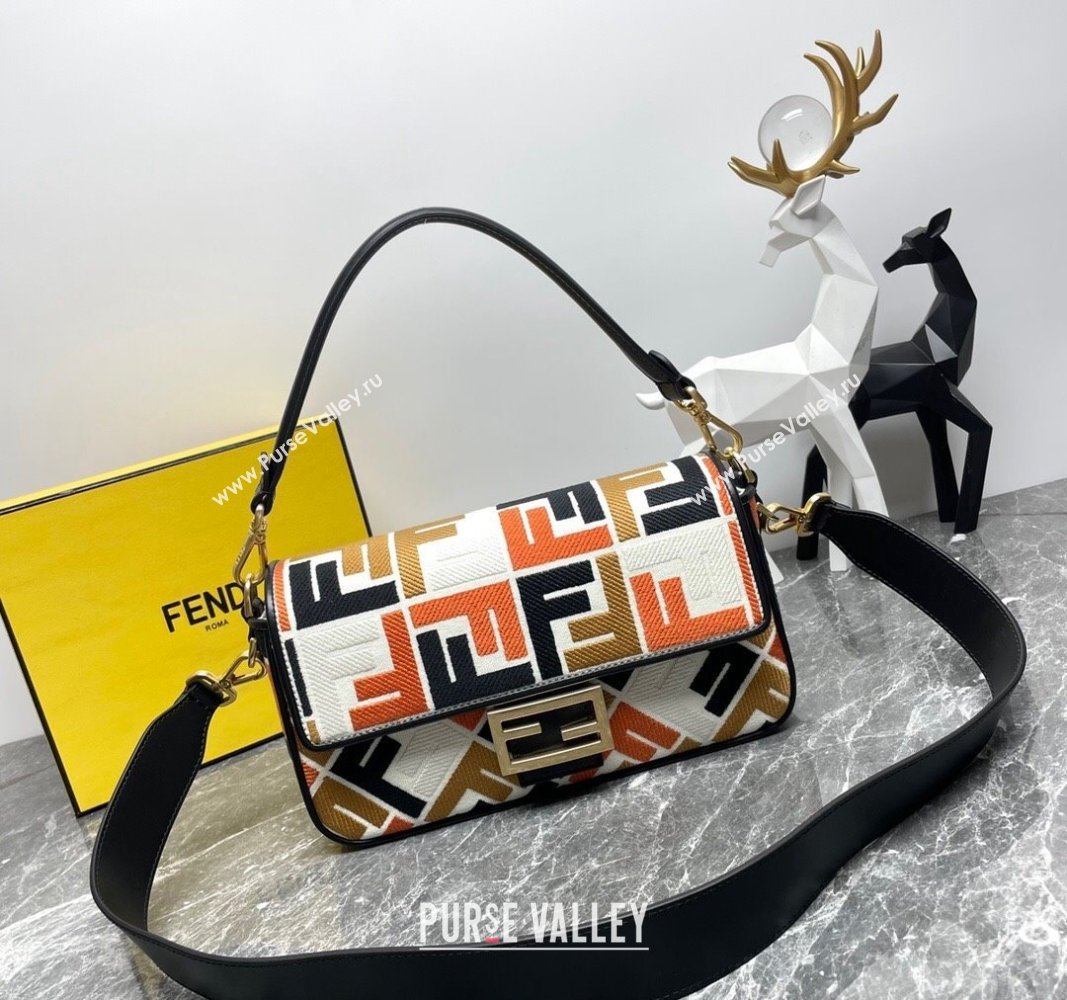 Fendi Baguette Medium Bag in Multicolor Canvas bag with FF Embroidery Orange 2024 0523 (AF-240523105)