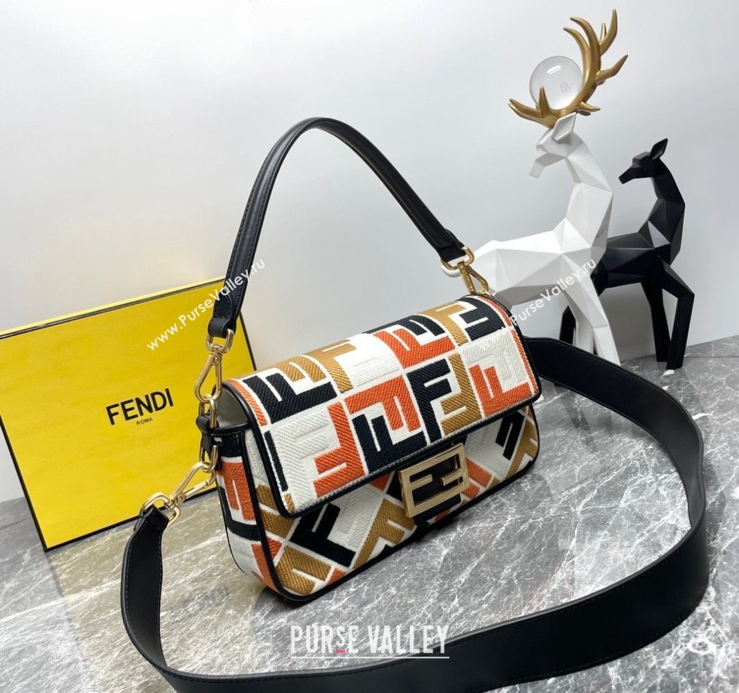 Fendi Baguette Medium Bag in Multicolor Canvas bag with FF Embroidery Orange 2024 0523 (AF-240523105)