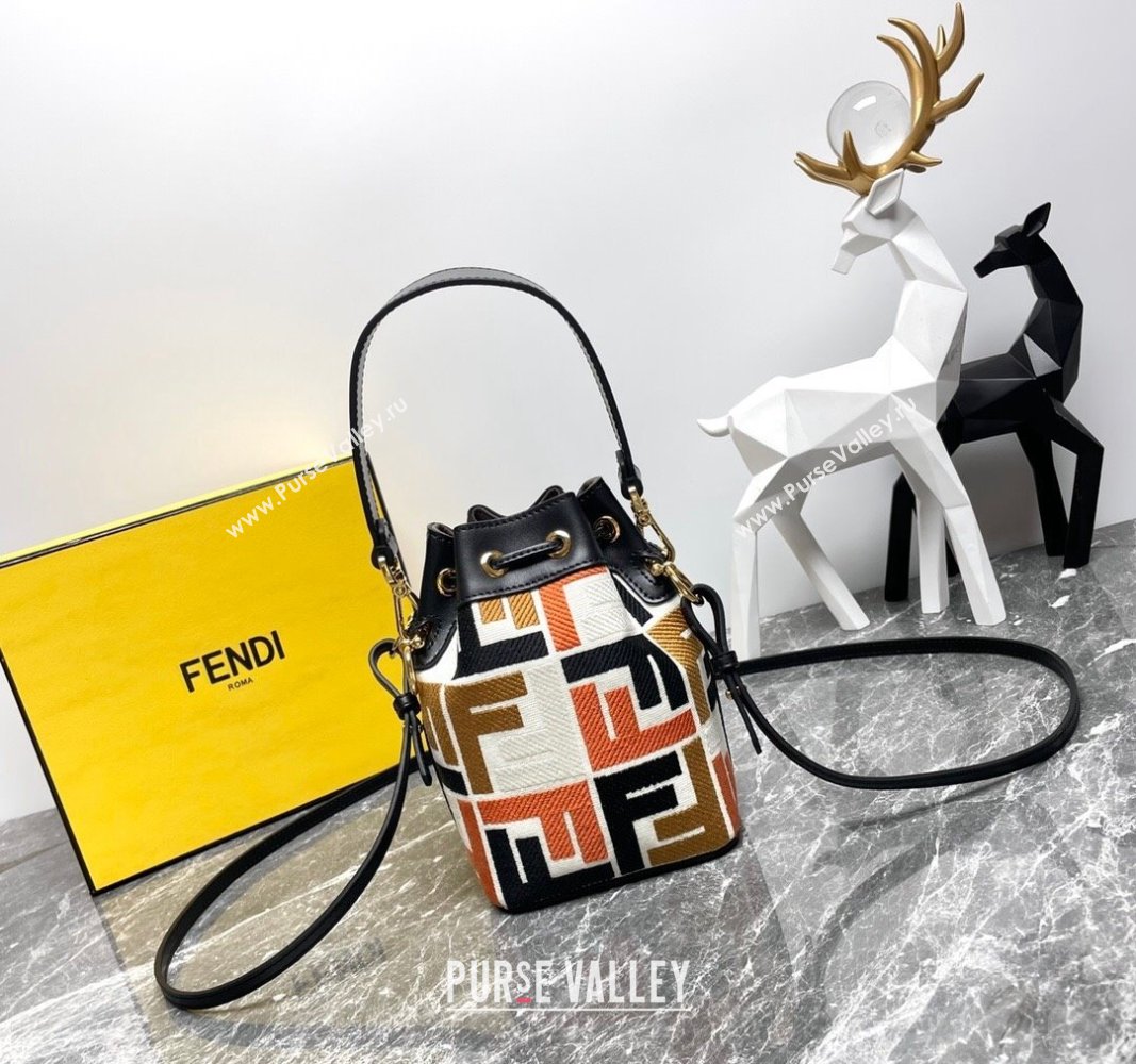 Fendi Mon Tresor Mini Bucket Bag in Multicolor Canvas bag with FF Embroidery Orange 2024 0523 (AF-240523104)