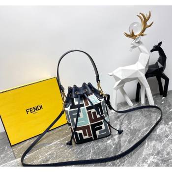 Fendi Mon Tresor Mini Bucket Bag in Multicolor Canvas bag with FF Embroidery Blue 2024 0523 (AF-240523106)