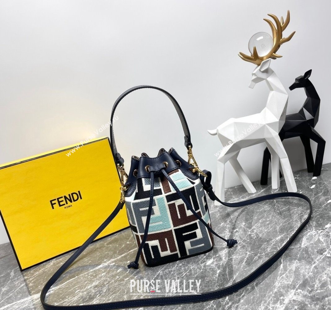 Fendi Mon Tresor Mini Bucket Bag in Multicolor Canvas bag with FF Embroidery Blue 2024 0523 (AF-240523106)