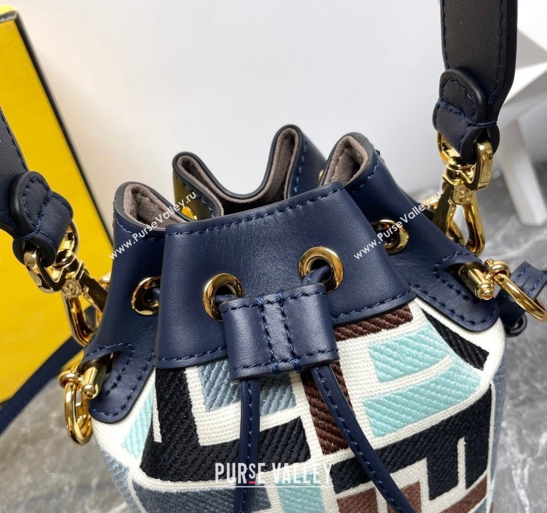 Fendi Mon Tresor Mini Bucket Bag in Multicolor Canvas bag with FF Embroidery Blue 2024 0523 (AF-240523106)