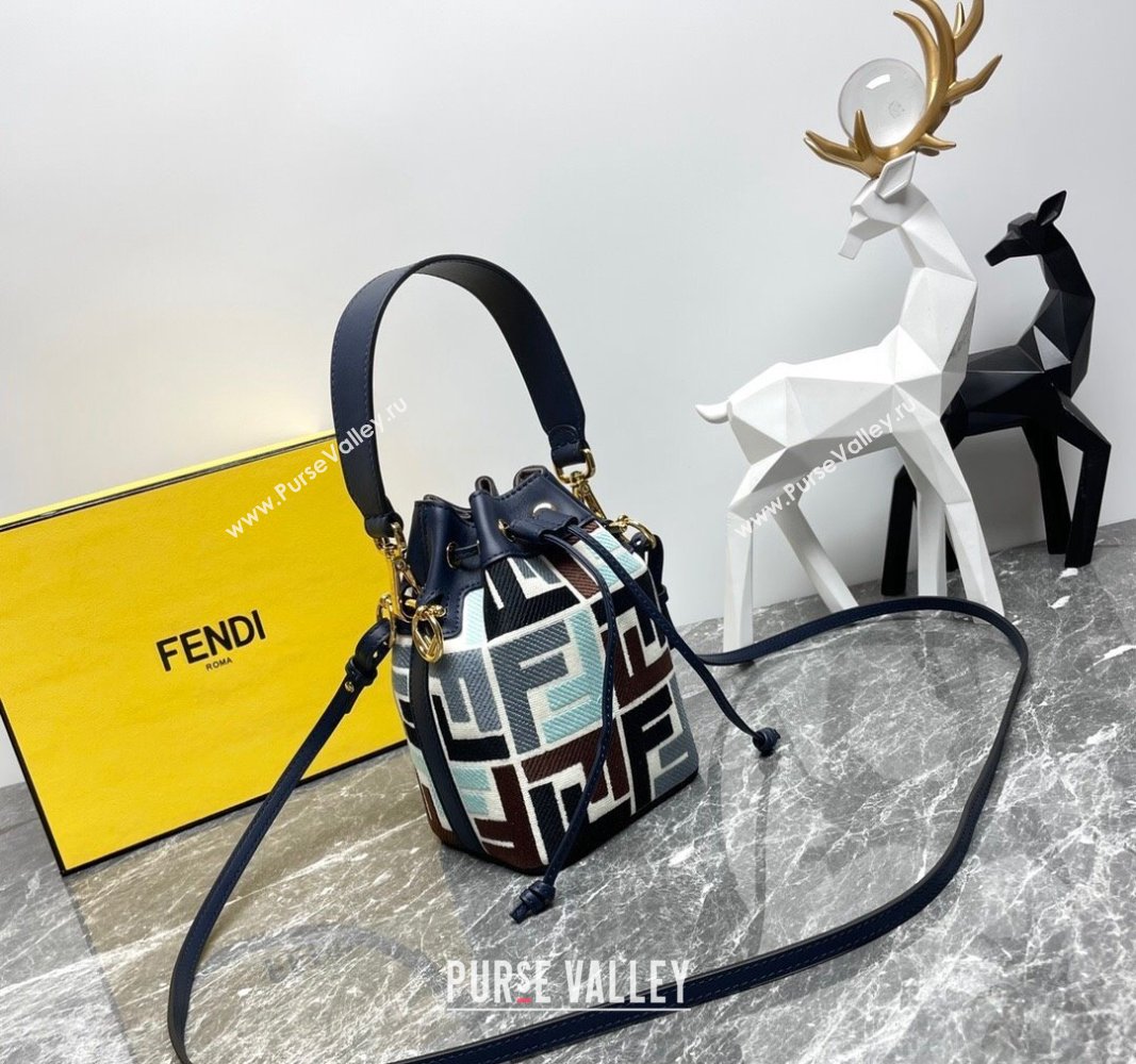 Fendi Mon Tresor Mini Bucket Bag in Multicolor Canvas bag with FF Embroidery Blue 2024 0523 (AF-240523106)